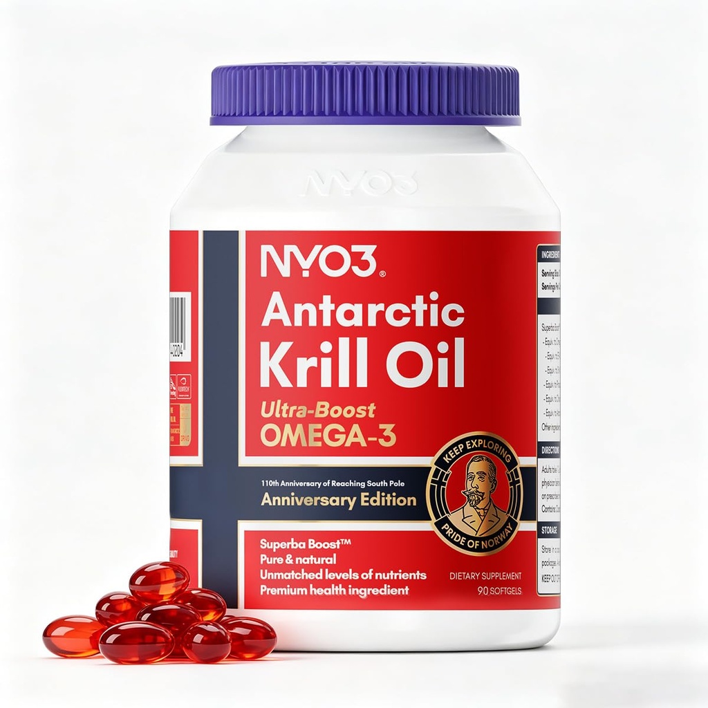 NYO3 Krill Oil Omega 3 Supplément 1000mg 90 Softgels EPA & DHA, Pure Antarctique Krill Oil avec Astaxanthine et 56% Phospholipides testés en laboratoire