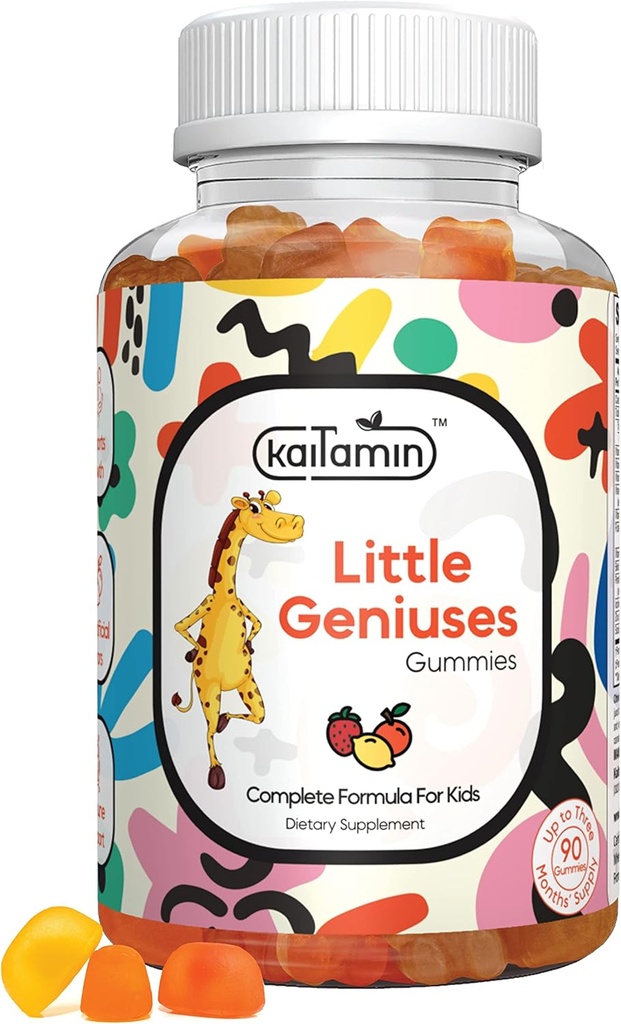 Enfants Multivitamine Gummies Little Geniuses : Vitamines C, D3, zinc, folate, pour l'immunité, l'intelligence, le focus et la croissance. Vegan, non OGM, biologique, sans gluten