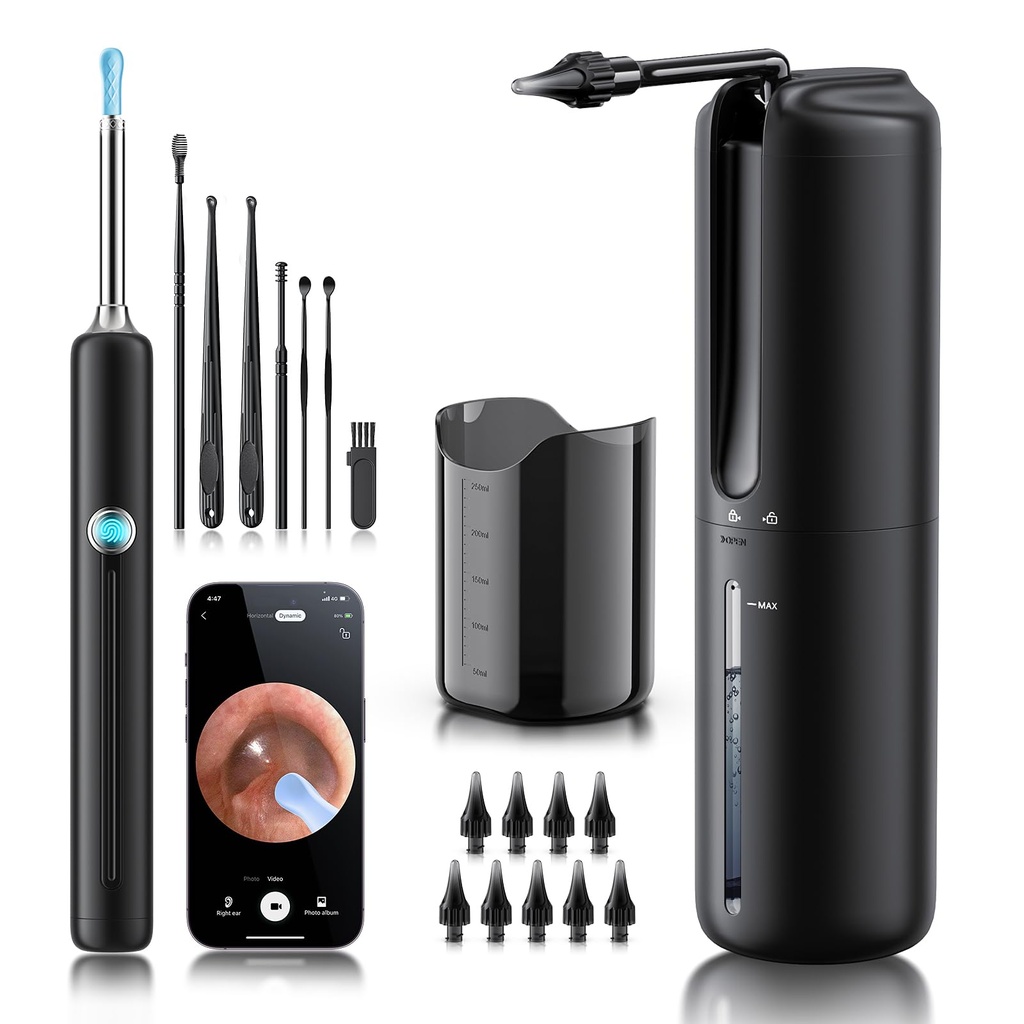 Suppression de la cire d'oreille - Système électrique d'irrigation de l'oreille avec 4 modes de pression, Nettoyeur d'oreille avec caméra, Otoscope 1080P, outil de nettoyage d'oreille avec 7 Pcs Ensemble d'oreilles, Kit de suppression d'oreille sûre et efficace