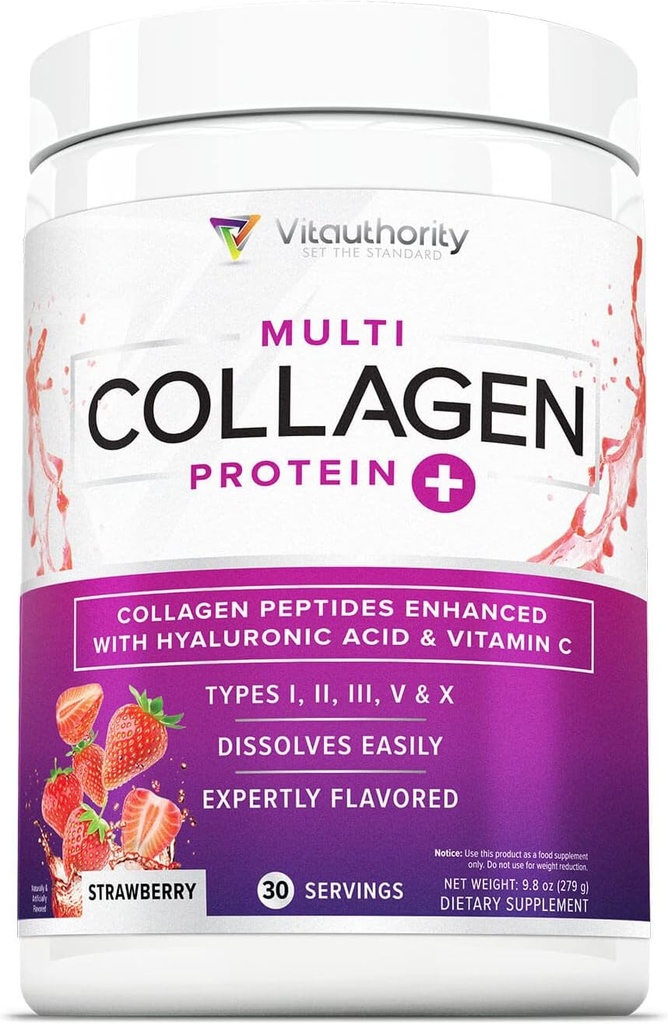 Poudre de collagène multi-peptides pour femmes - Poudre de collagène aromatisée hydrolysée pour femmes de types I II III V et X Vitamine C et acide hyaluronique pour la peau et les ongles des cheveux - 30 portions