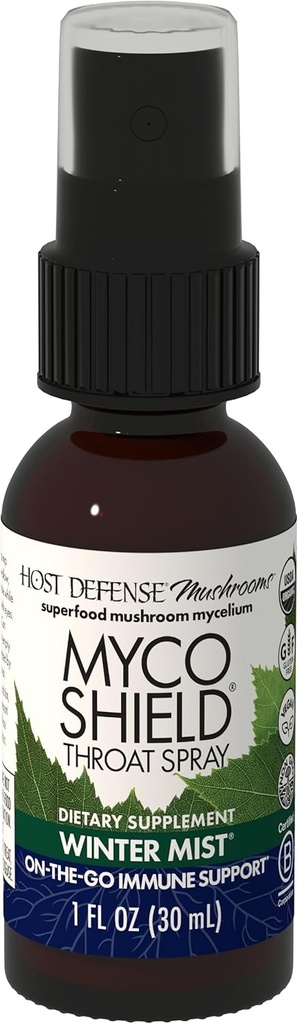 Host Defense MycoShield Throat Spray - Immune Health Support - Dietary Mushroom Supplement with Chaga, Reishi, Turkey Tail & More - On-The-Go Immune Support - Winter Mist, 1 fl oz (71 Servings)*