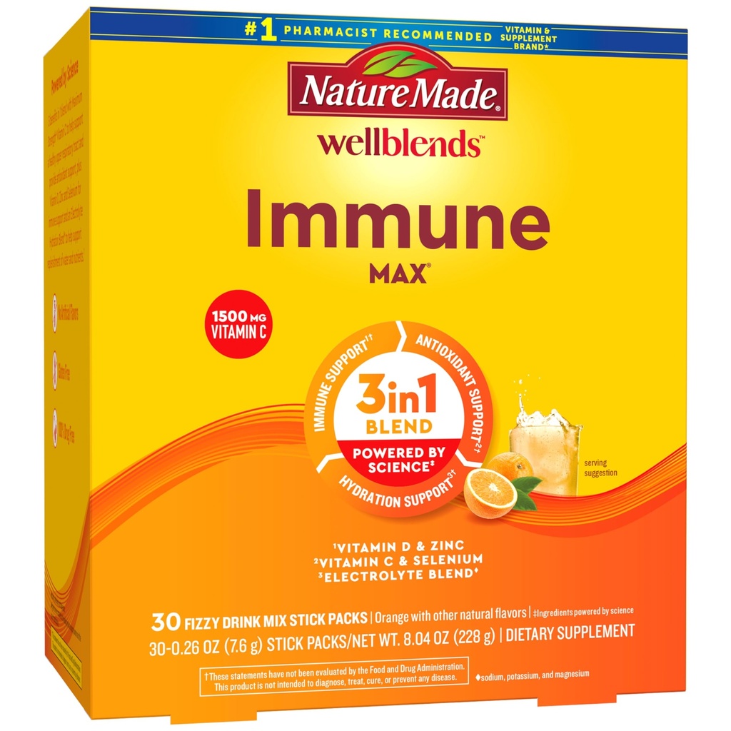 Nature faite Wellblends ImmuneMAX Fizzy Drink Mix, Vitamine C 1500mg, Zinc 15 mg, Vitamine D3 1000 UI (25 mcg), plus B Vitamines et électrolytes Mélange d'hydratation, 30 Stick Packs
