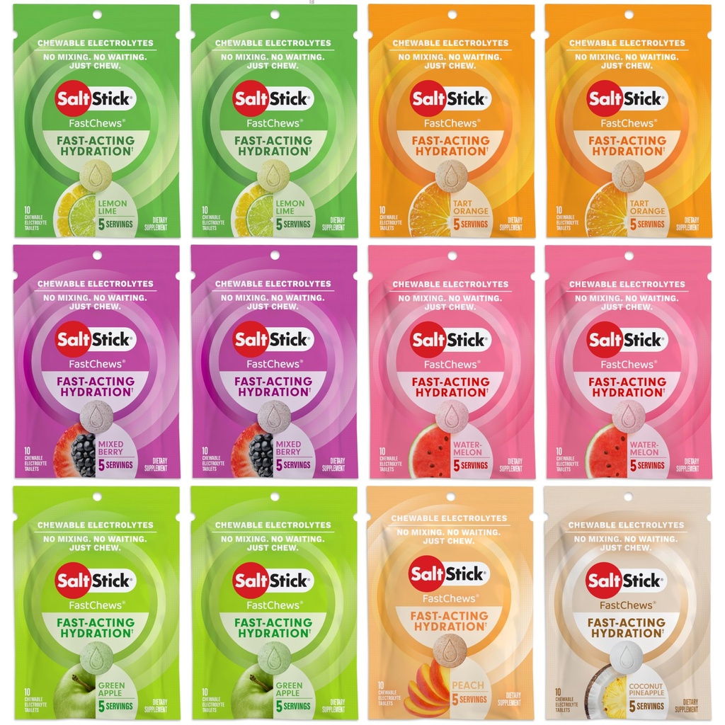 SaltStick Electrolyte FastChews - Lot de 120 variétés de comptage - Comprimés électrolytiques à croquer pour l'hydratation, onglets de sel - 10 nombre (paquet de 12)