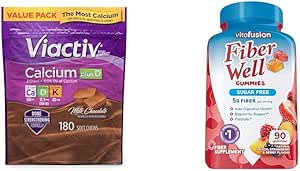 Supplément Viactiv Calcium Plus Vitamine D Mâches molles, Brown, Chocolat Lait, 180 Count & Vitafusion Fibre bien Supplément sans sucre, Pêche, Fraise et BlackBerry Aromatisé