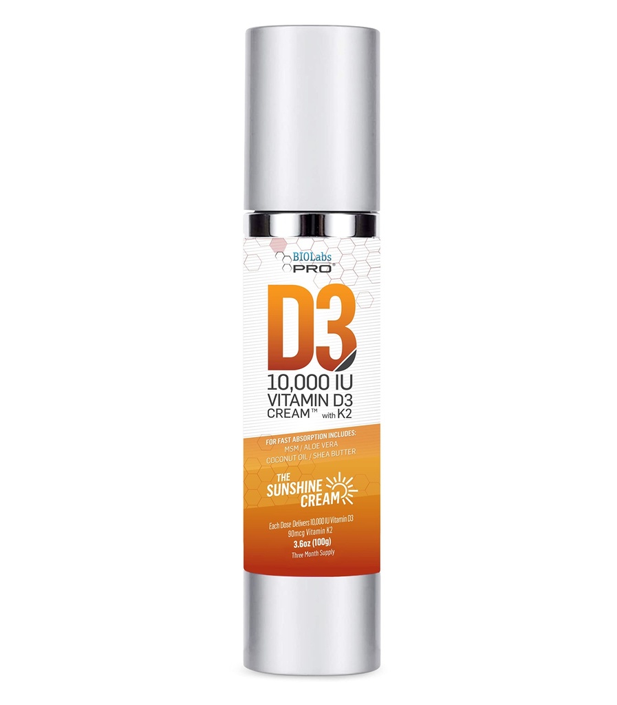 Vitamine naturelle D3 10000UI Vitamine D Crème Puissance maximale, Combattre le déficit en vitamine D naturellement - avec vitamine K2 et extrait de feuille d'olive - Approvisionnement de trois mois - Sûr et efficace (10 000UI - 3,6 oz)