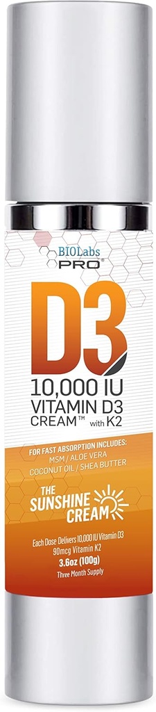 Vitamine naturelle D3 10000UI Vitamine D Crème Puissance maximale, Combattre le déficit en vitamine D naturellement - avec vitamine K2 et extrait de feuille d'olive - Approvisionnement de trois mois - Sûr et efficace (10 000UI - 3,6 oz)