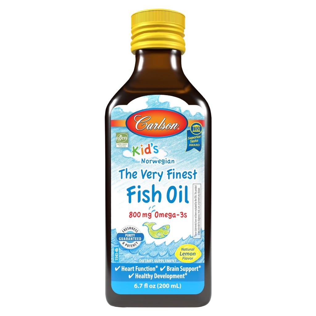 Carlson - Kid's The Very Finest Fish Oil Liquid, 800 mg Omega-3s, Norwegian, Wild-Caught Fish Oil, Omega 3 Liquid for Kids, source durable, citron, 200 ml