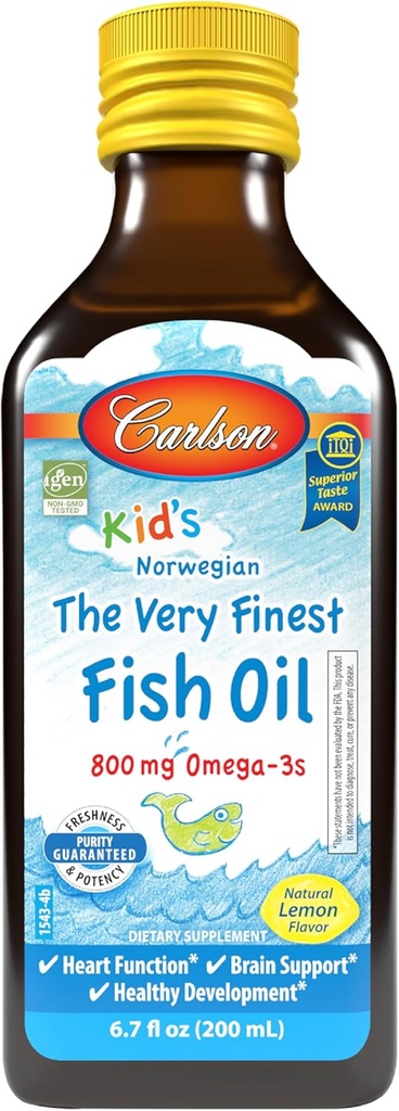 Carlson - Kid's The Very Finest Fish Oil Liquid, 800 mg Omega-3s, Norwegian, Wild-Caught Fish Oil, Omega 3 Liquid for Kids, source durable, citron, 200 ml