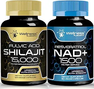 Supplément NAD, 1500mg - NAD+ liposomique Supplément avec Resveratrol, supplément de stimulation NAD Plus │Shilajit Pure Himalayan Capsules organiques avec l'acide fulvic naturellement