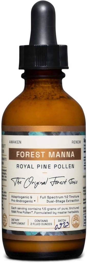RAW Forest Foods Forest Manna Royal Pine Pollen Teinture – 1:2 True Dual-Stage Extraction – Pure Pine Pollen – Seulement à partir de 2 Fl Ounce Bouteille