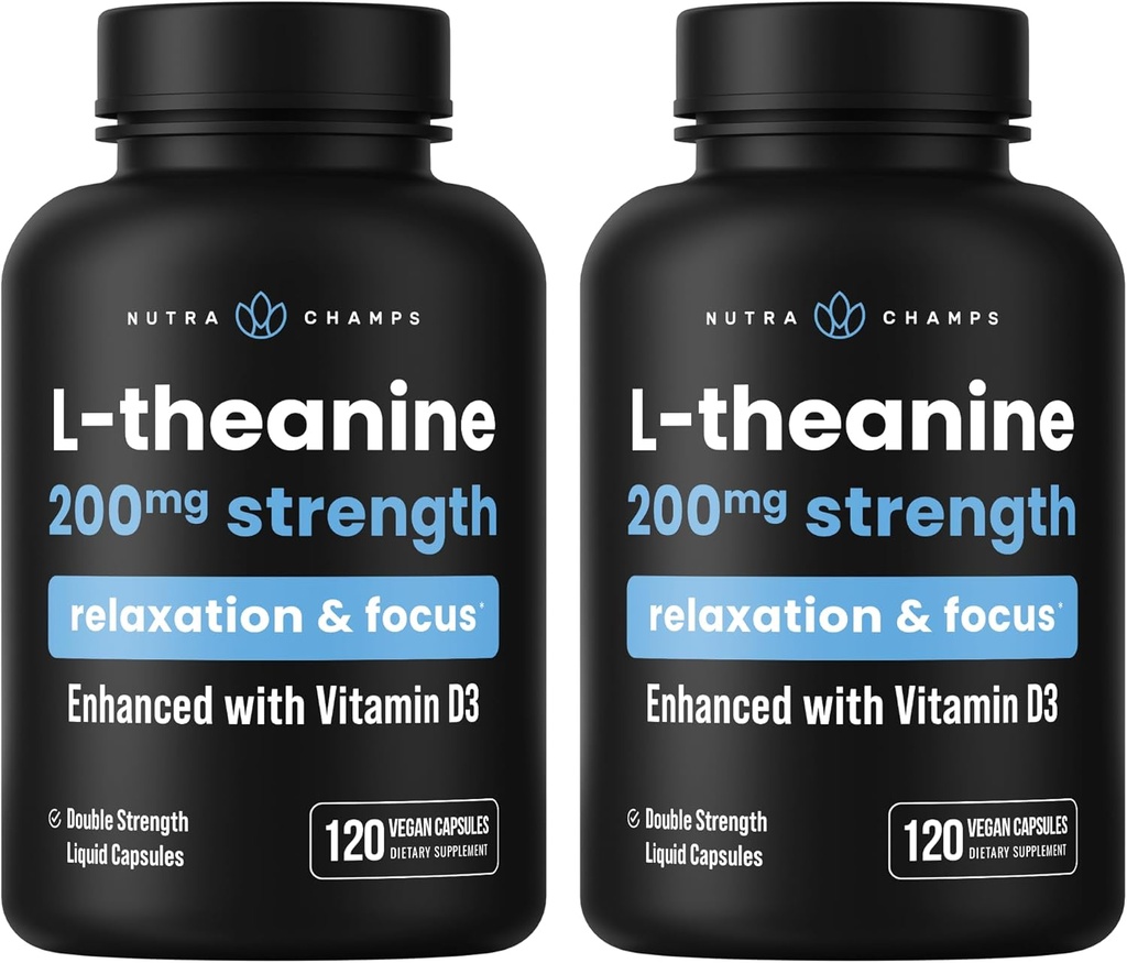 NutraChamps L-Theanine 200mg Capsules, Double-Strength L-Theanine Liquide avec Vitamine D3, Huile de coco biologique, 120 Capsules Vegan (Pack de 2)