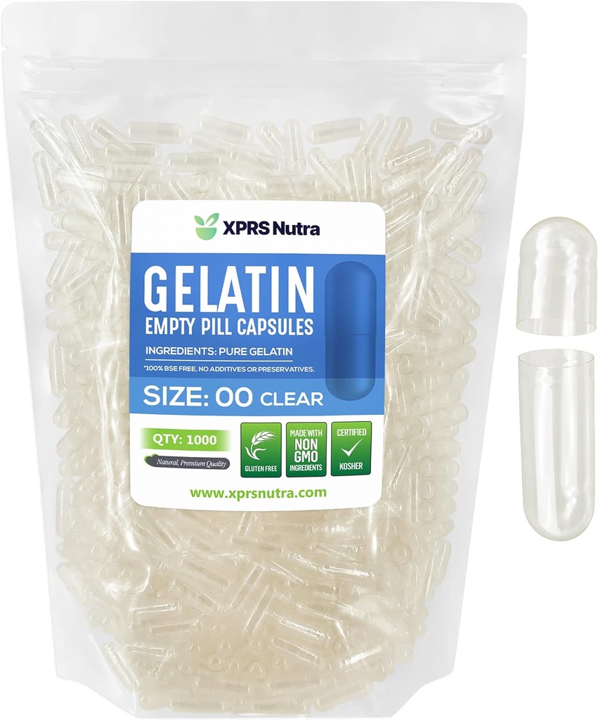 XPRS Nutra Size 00 Capsules vides - 1000 Capsules de gélatine vides de compte - Remplissage de la gélule de bricolage - Bouchons de gel de pilule rempliss pour compléments Do-It-Youlf (Clear)