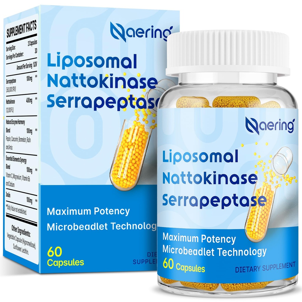 Nattokinase 12,000 FU & Serrapeptase 360,000 SPU Liposomal Capsules – Enzyme Complex with Inulin, Bromelain, Papain, Curcumin, Vitamin C & B6 – Microbeadlet Technology, Vegan, 60 Count