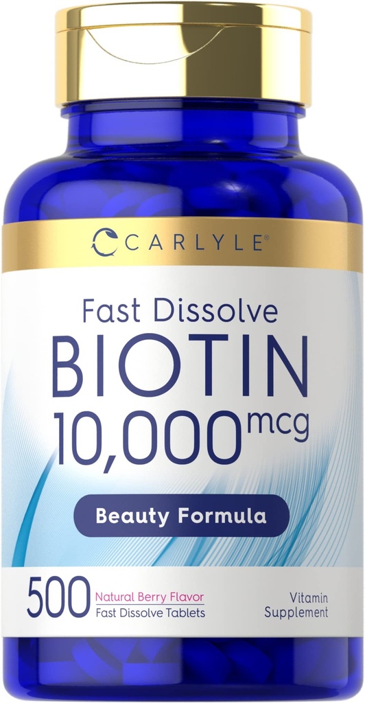 Carlyle Biotin 10 000 mcg , 500 comprimés rapidement dissous , pour les cheveux, la peau et les ongles , la force maximale , Végétarien , non-OGM , supplément sans gluten