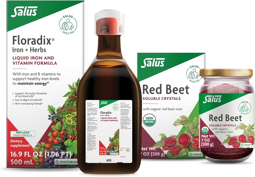 Floradix Iron & Herbes (16,9 oz) & Salus Red Beet Crystals (7 oz) - Supplément en fer pour un soutien énergétique sain* et mélange de racine de betterave alimentaire biologique