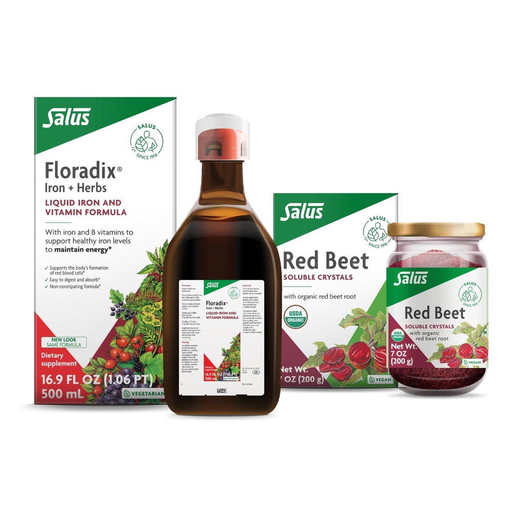 Floradix Iron & Herbes (16,9 oz) & Salus Red Beet Crystals (7 oz) - Supplément en fer pour un soutien énergétique sain* et mélange de racine de betterave alimentaire biologique