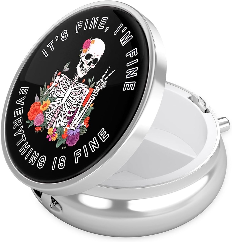 Boîte à pilules Nipichsha, petit étui à pilules pour la purse et la poche, organisateur mignon de médicaments de voyage, porte-conteneur de médicaments portatifs pour tenir les vitamines, les médicaments, l'huile de poisson et le supplément, Crâne fleur