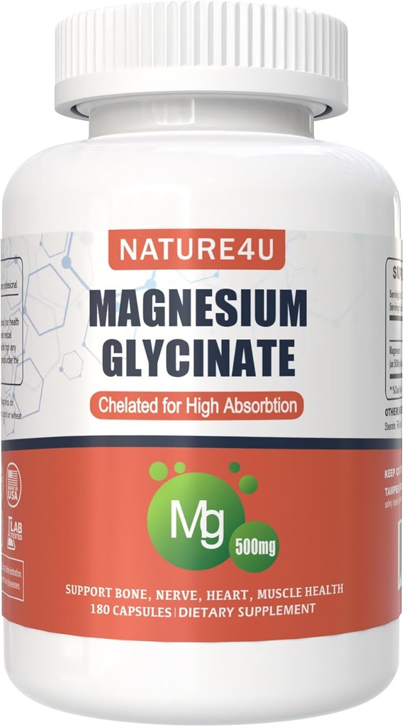 Magnésium Glycinat 500mg, 100% chélate pour supplément de magnésium à haute absorption pour le sommeil, le muscle, le cœur, le jamais et le os, 180 Capsules