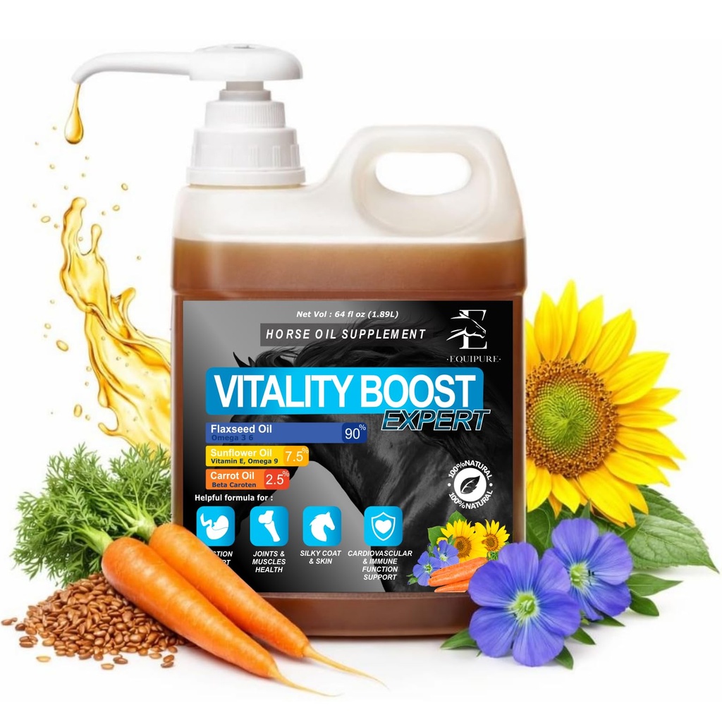 Equine & Horse Oil Supplement 3 Natural Oils Flaxseed Sunflower Carrot Omega 3 6 9 Vitamin E Silky Coat & Hoof Digestion Facilitator Joint Health Cardiovascular System Benefits-Pump Included