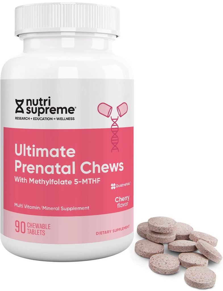 Nutri Supreme Vitamine prénatale, Vitamines prénatales à croquer pour les femmes ayant un folate de méthyle très absorbant, Multivitamine prénatale complète avec fer, Kosher, Cherry Flavor, 90 Comte