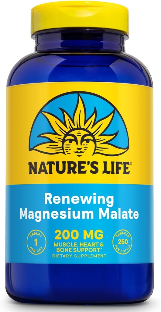 Nature's Life Renouvelant le malate de magnésium 200 mg - Un par jour - Soutien musculaire, cardiaque, nerveux et os - Absorption maximale - Verifié en laboratoire - Garantie de 60 jours - 250 portions, 250 comprimés