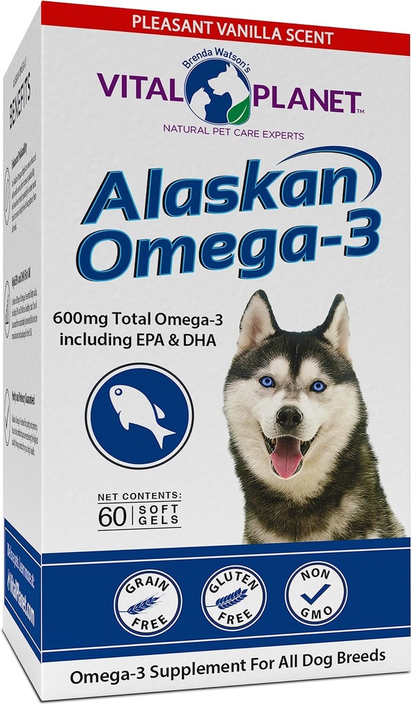 Planète vitale - supplément d'huile de poisson oméga-3 d'Alaska pour les chiens avec 600mg d'oméga-3, élevé en DHA et EPA de poissons d'eau froide capturés sauvagement, 60 softgels de vanille