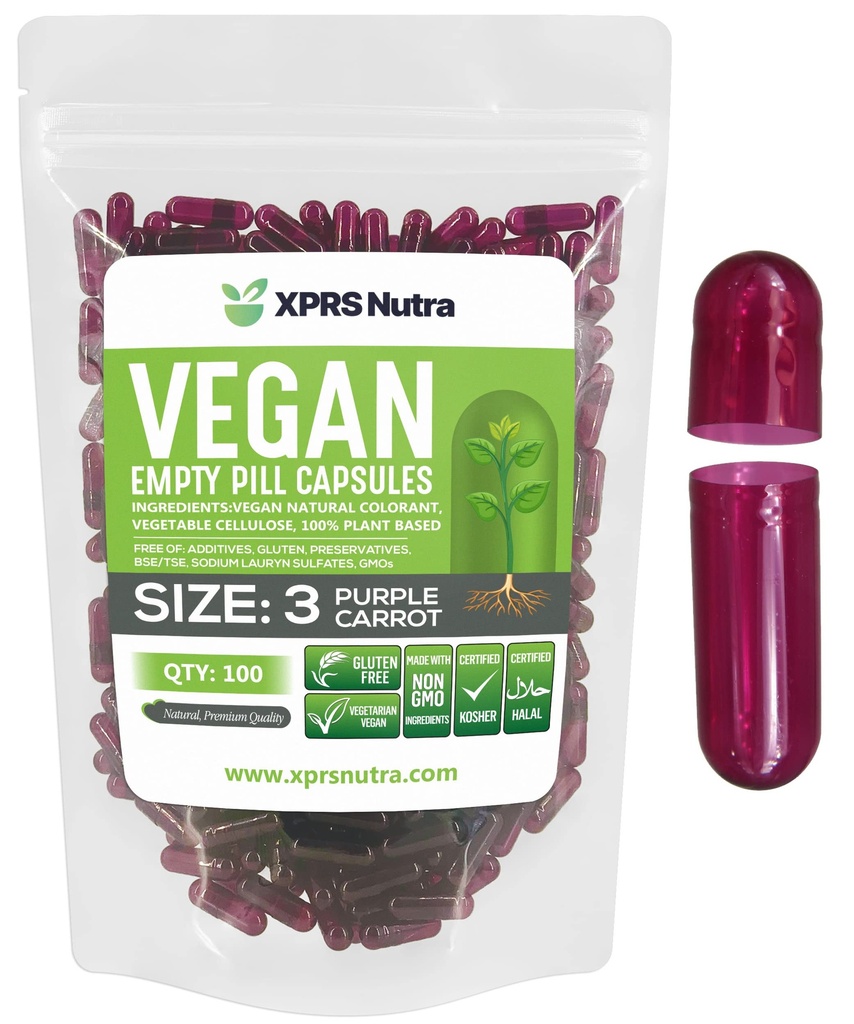 XPRS Nutra Size 3 Empty Capsules - 100 Count Empty Vegan - Vegetarian Empty Pills - DIY Vegetable Capsule Filling - Veggie Pill Caps (Purple Carrot)