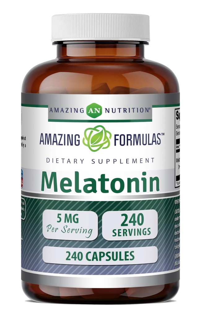 Formules étonnantes Supplément de mélatonine : 5 Mg par portion : 240 Capsules Non-GMO : sans gluten