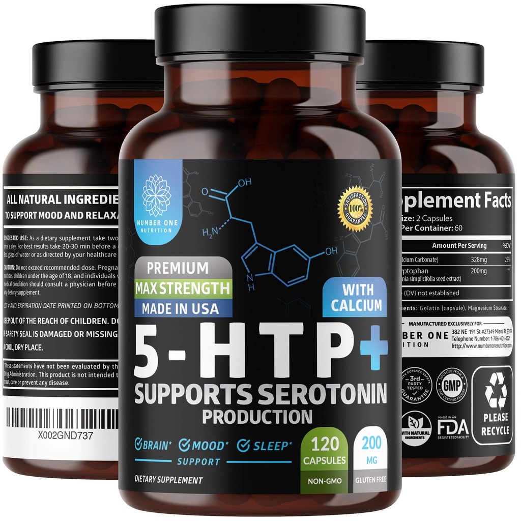 N1N Premium 5-HTP 200mg Plus Calcium, fabriqué à partir d'extrait de graines de Griffonia, sans OGM et sans gluten, 120 capsules