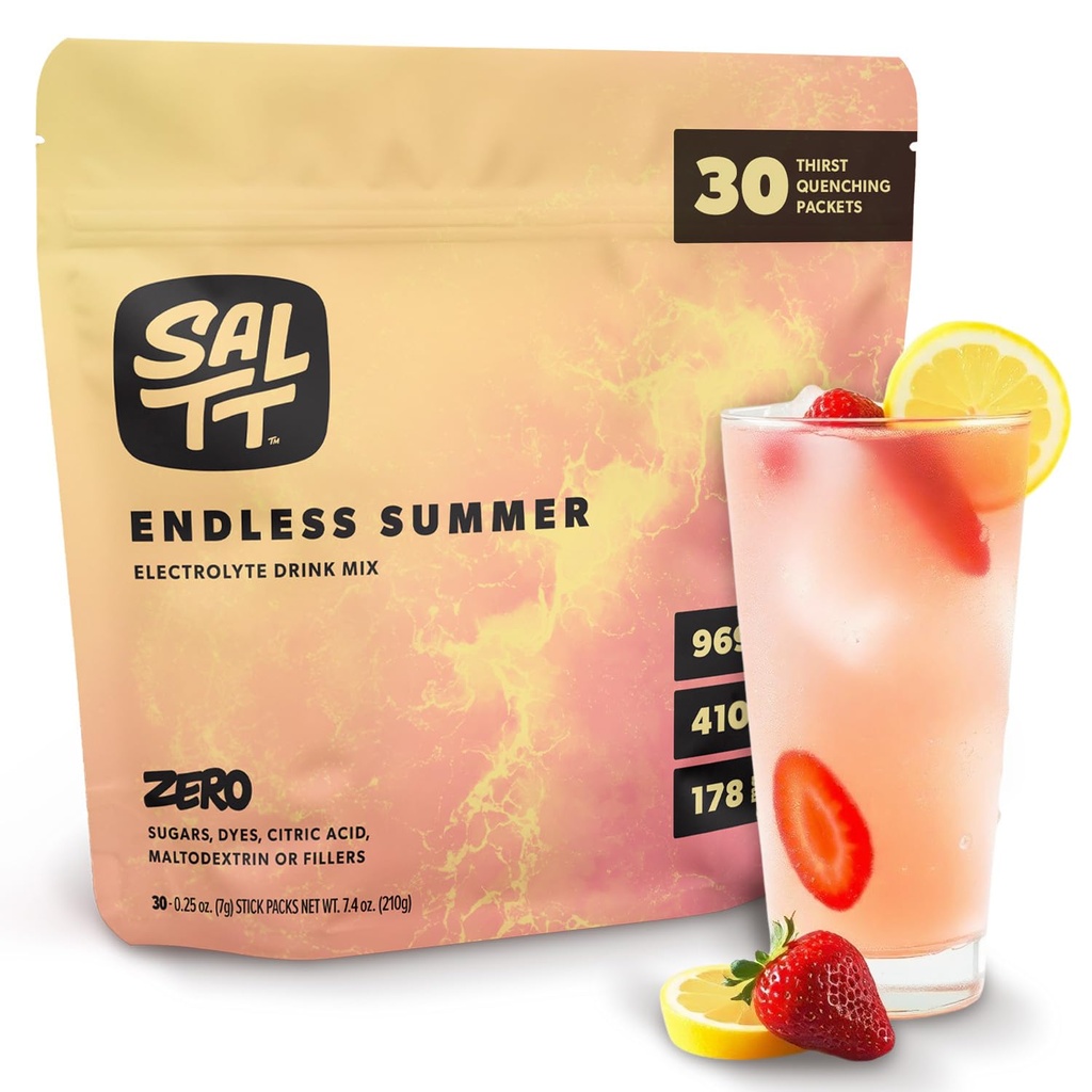 SALTT Electrolytes en poudre Mélange de boissons aromatisées - Endless Summer - 30 Packets d'hydratation - Magnésium, Potassium, Sodium, Trace Minerals - Zéro sucre et sans gluten - Essentiels de voyage