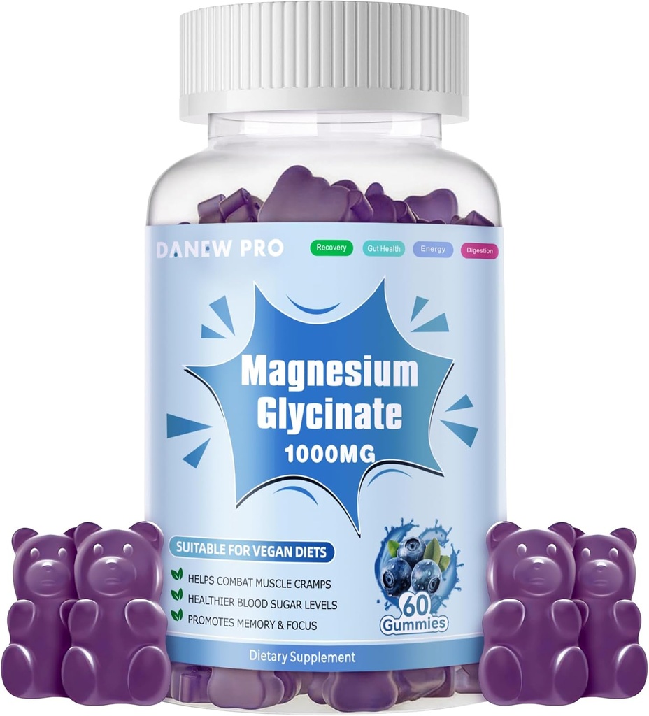 Glycinat de magnésium Gommies 1000mg - Supplément de potassium de magnésium sans sucre avec vitamine D, B6, CoQ10 pour l'humeur calme et le soutien du sommeil - 60 Gommies de bleuets