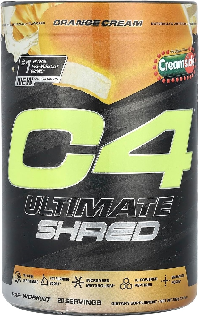 Cellucor C4 Ultimate Shred pré-entraînement en poudre, supplément de métabolisme avec Cayenne Extract+300mg Caféine+TeaCrine+Dynamine - crème orange, 20 portions