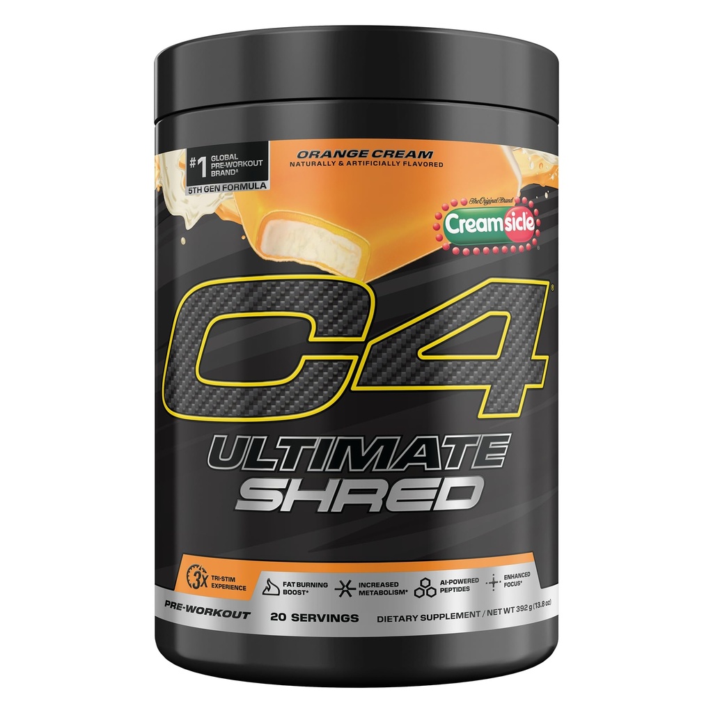 Cellucor C4 Ultimate Shred pré-entraînement en poudre, supplément de métabolisme avec Cayenne Extract+300mg Caféine+TeaCrine+Dynamine - crème orange, 20 portions
