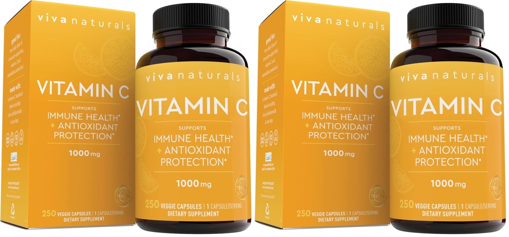 Viva Naturals Vitamin C, 1000 mg, 250 Vegetarian Capsules – with Citrus Bioflavonoids & Rose HIPS, Non-GMO for Immune Support & Antioxidant Protection, (Pack of 2)