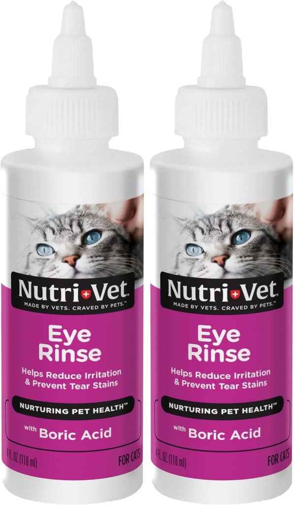 Nutri-Vet Cat Eye Rinse,Sterile Solution Gently Cleanses Eyes &Surrounding Tissue,Removes Debris Pollen and Mucus,Relieves Irritation,Helps Reduce TearStains,Sensitive Ophthalmic Flush,4oz,(Pack of 2)
