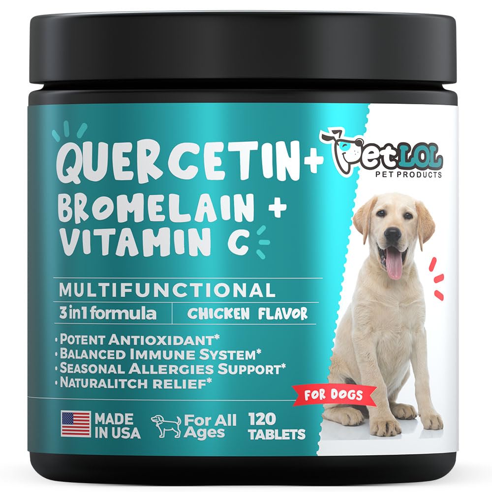 Quercetine pour chiens avec Bromelain & Vitamine C - Allergie & Démangeaison, Immune & Support Inflammatoire - 120 comprimés à croquer fabriqués aux États-Unis