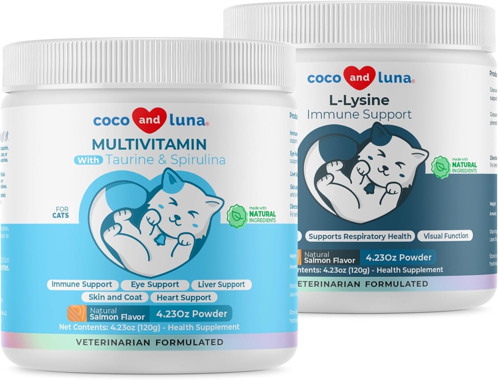 Lysine + Multivitamine pour les chats - Soutien immunitaire, santé de la peau et du manteau, soutien oculaire - avec EPA et DHA, Taurine et Spiruline