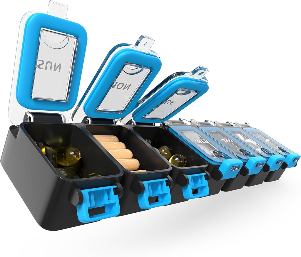 BEXEEN Weekly Medicine Pill Organizer Waterproof 7 Day Large Pill Box Daily Pill Case Cute Vitamine Organizer Portable Pill Container Travel Pills Holder XL Supplément Médicament Dispenser Un par jour