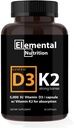 Vitamin K2 with D3 Extra Strength Supplement Bone | Heart Health Non-GMO Formula 5000 IU Vitamin D3 125 mcg & 100 mcg Vitamin K2 | Easy to Swallow Vitamin K & D, 30 Capsules.