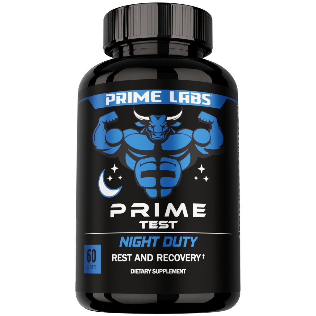 Prime Labs Night Duty - Booster de testostérone nocturne et soutien de sommeil - Suppléments de repos et de récupération musculaire PM - 60 Compte