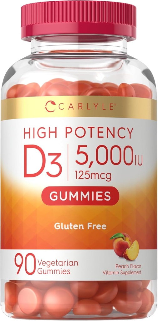 Carlyle Vitamine D3 Gummées 5000 iu ,90 Comte ,90 Peach Flavored Gummy , Haute puissance pour les adultes , Végétarien , Non-OGM , Supplément sans gluten