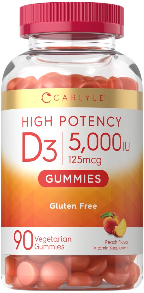 Carlyle Vitamine D3 Gummées 5000 iu ,90 Comte ,90 Peach Flavored Gummy , Haute puissance pour les adultes , Végétarien , Non-OGM , Supplément sans gluten