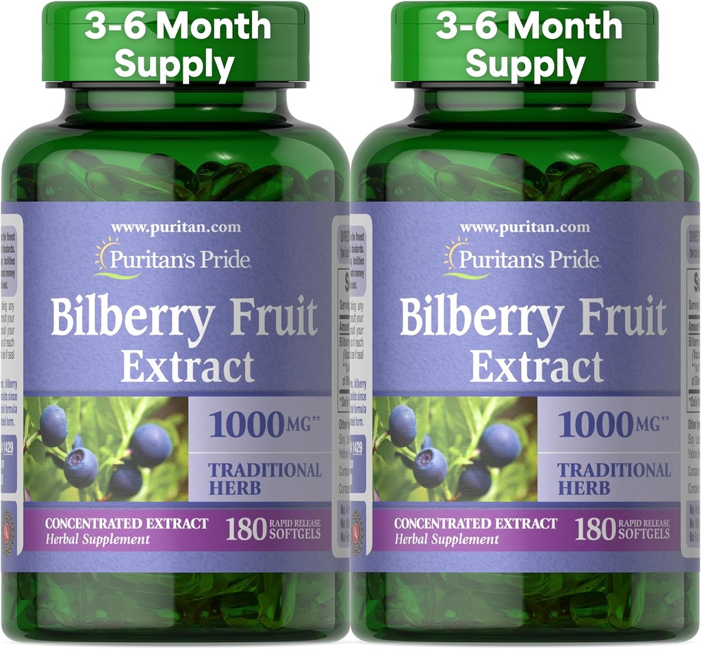 Puritan's Pride Premium Bilberry Fruit Extract 250 mg (équivalent de 1000mg), 4:1 Concentré supplément à base de plantes traditionnelles, vitamine C, 3 à 6 mois d'approvisionnement, 180 softgels à libération rapide 2-pack