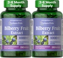 Puritan's Pride Premium Bilberry Fruit Extract 250 mg (équivalent de 1000mg), 4:1 Concentré supplément à base de plantes traditionnelles, vitamine C, 3 à 6 mois d'approvisionnement, 180 softgels à libération rapide 2-pack