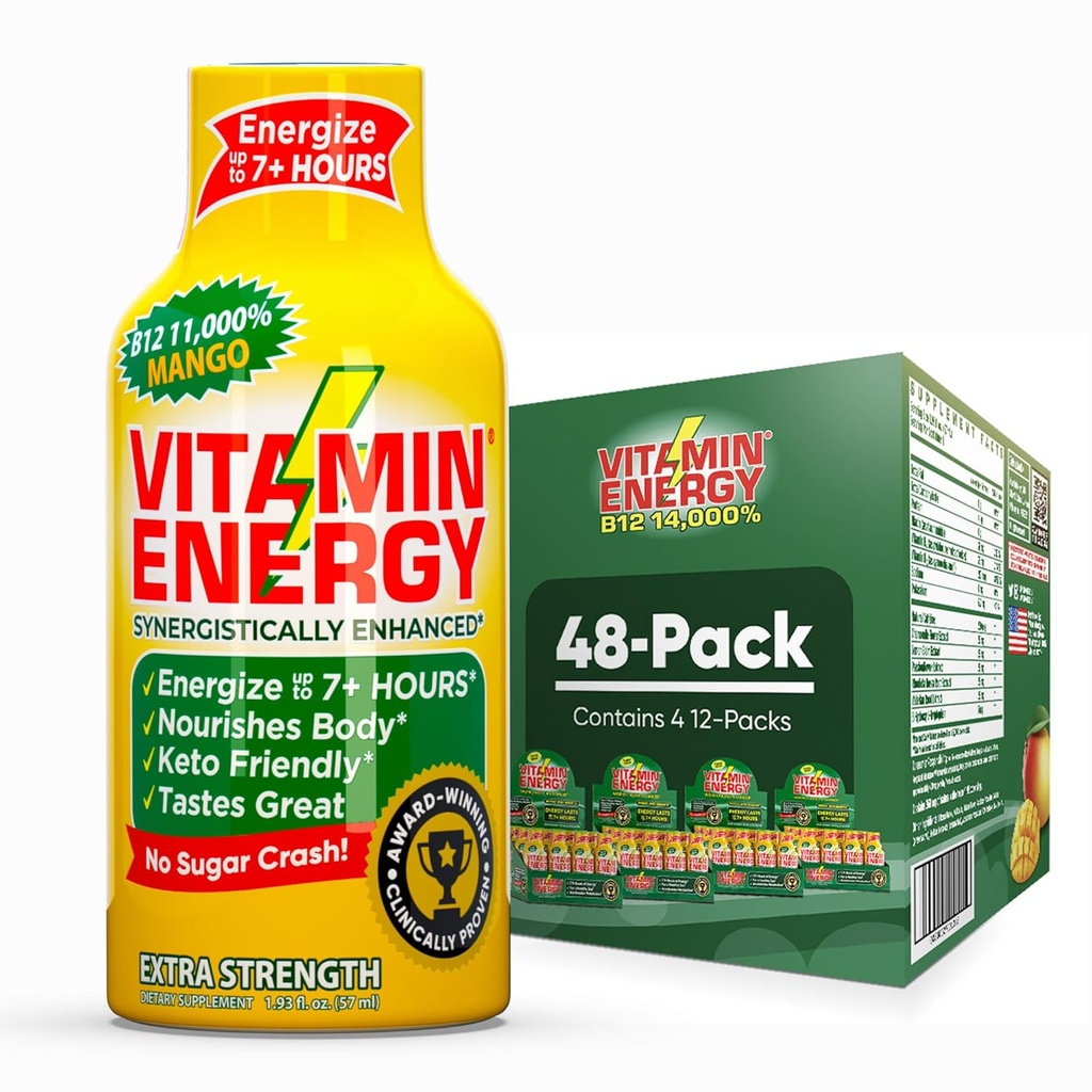 Vitamine Energy B12 11,000% Extra Strength Energy Shot Mango 48 Pack, 260mg Caféine naturelle, B12 & B6, Nootropic Focus, Vitalité, Zéro Sucre, Sans gluten, Vegan, Kosher, 1.93 fl oz