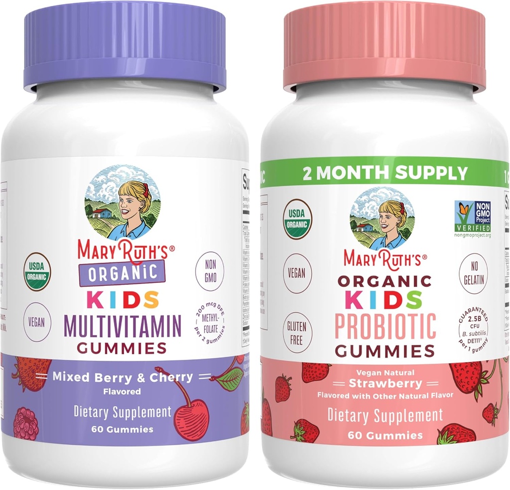 MaryRuth Organics Gummies for Kids–Multivamin (Mixed Berry & Cherry), & Probiotic (Strawberry) Vitamines pour l'immunité, la santé gustative et le bien-être général