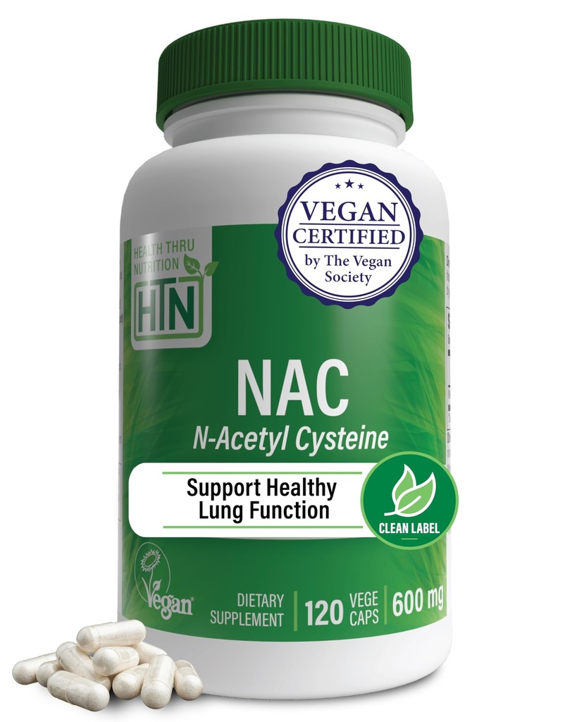 Health Thru Nutrition NAC N-Acetyl-Cysteine 600mg 120 Capsules | Vegan Certified | The Purest NAC Supplement | Supports Healthy Lung Liver Functions & Cellular Health | Non-GMO Soy & Gluten Free
