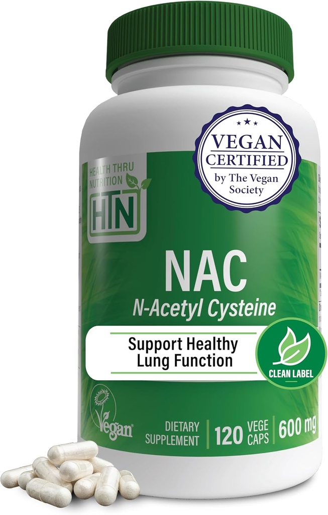 Santé Thru Nutrition NAC N-acétyl-Cysteine 600mg 120 Capsules Certifié par Vegan Le supplément NAC le plus pur soutient les fonctions saines du foie pulmonaire et la santé cellulaire.