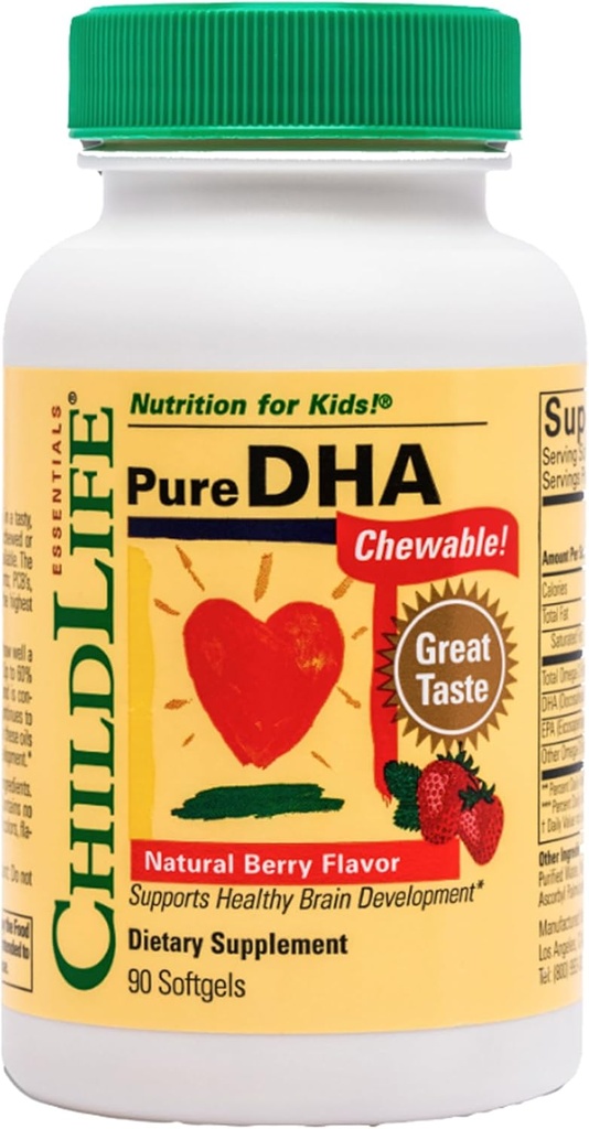 CHILDLIFE ESSENTIALS Pure DHA for Kids - DHA Supplements, DHA EPA Omega 3 Supplement, Children DHA Chewables, Baby DHA, Fish Oil for Toddlers, Gluten Free - Natural Berry, 90 Softgels (Pack of 1)