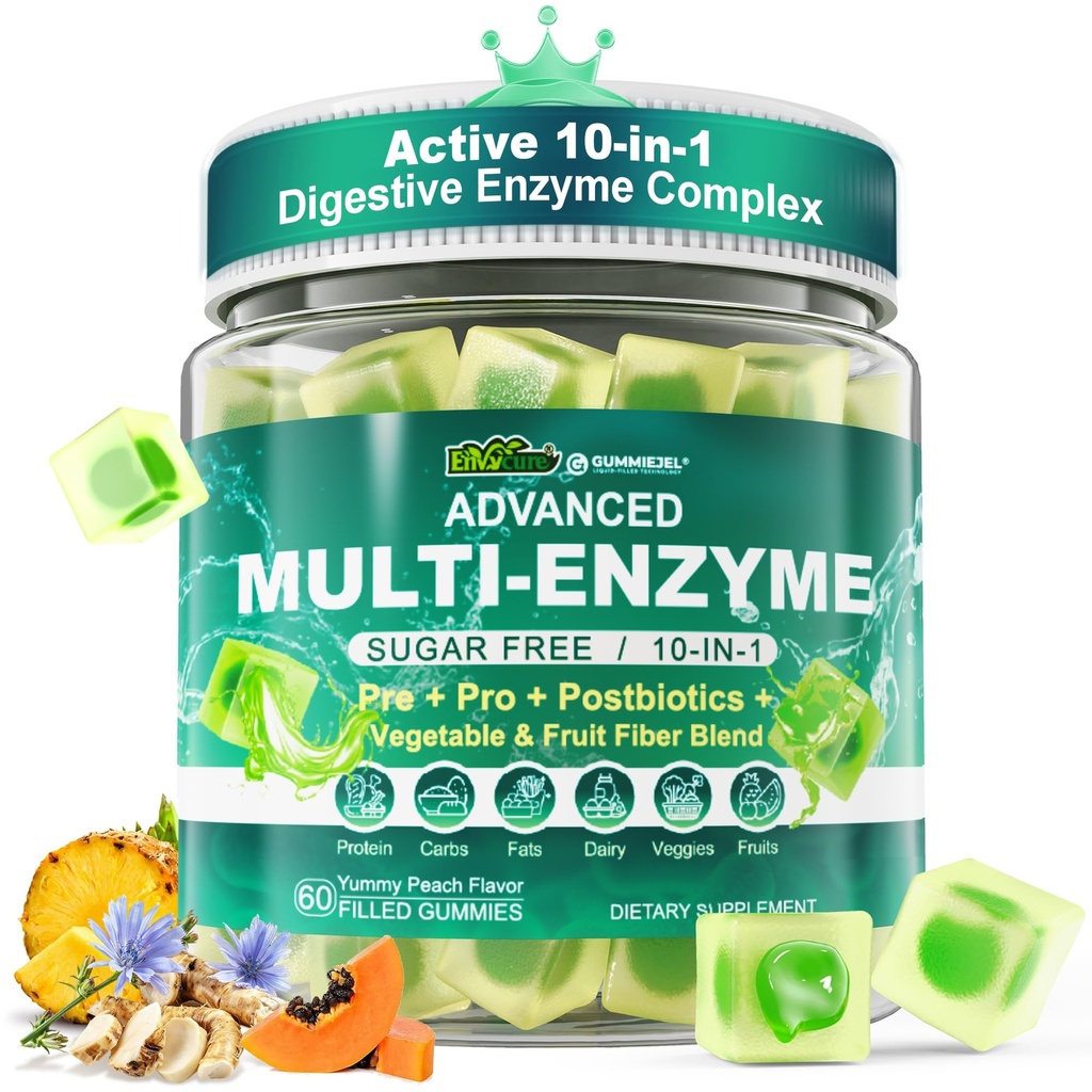 Enzymes digestifs Gummies pour les femmes et les hommes, Multi-enzymes avec 90Billion CFU probiotiques et prébiotiques et mélange de fibre postbiotique, végétale et fruitière, Super enzymes pour la santé digestive et Gut,Immune,60Cts